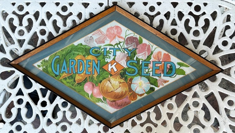 ANTIQUE c1900 City Garden Seed Stone Litho Paper Label Framed Advertising Poster