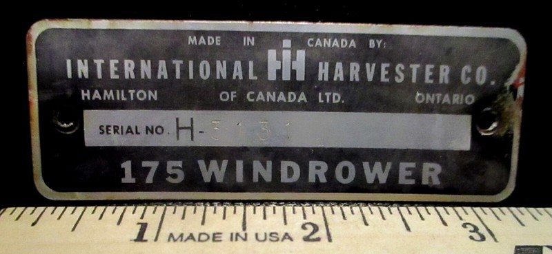 IH International Harvester 175 Windrower Serial Number Plate ID Tag Emblem Sign