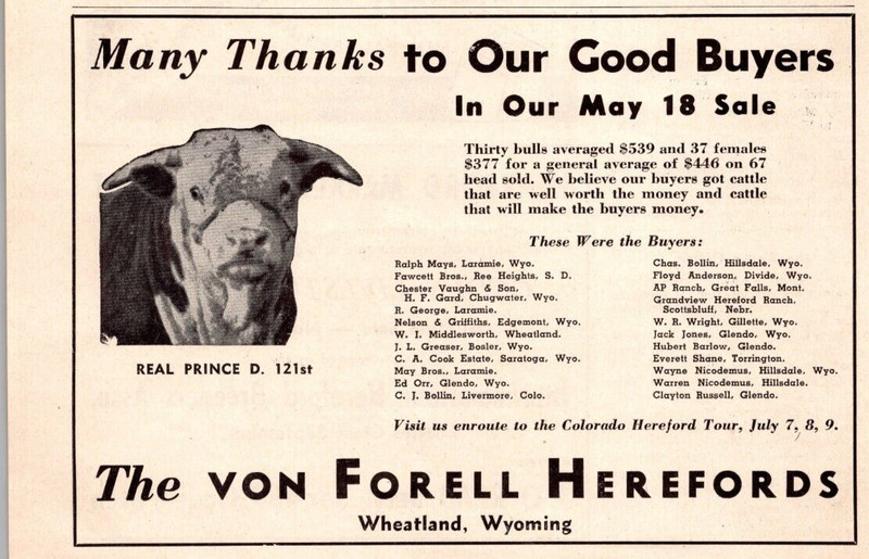 1948 Print Ad The von Forell Herefords Wheatland WY Thirty Bulls Thanks Buyers