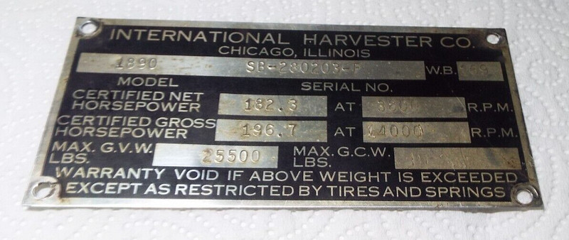 VINTAGE 1960’S INTERNATIONAL HARVESTER MODEL 1890 VEHICLE I.D. PLAQUE READ!!!