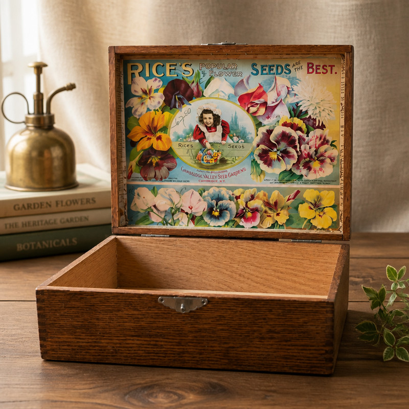 “Rice’s Popular Flower Seeds” Quarter-sawn Oak Display Box.
