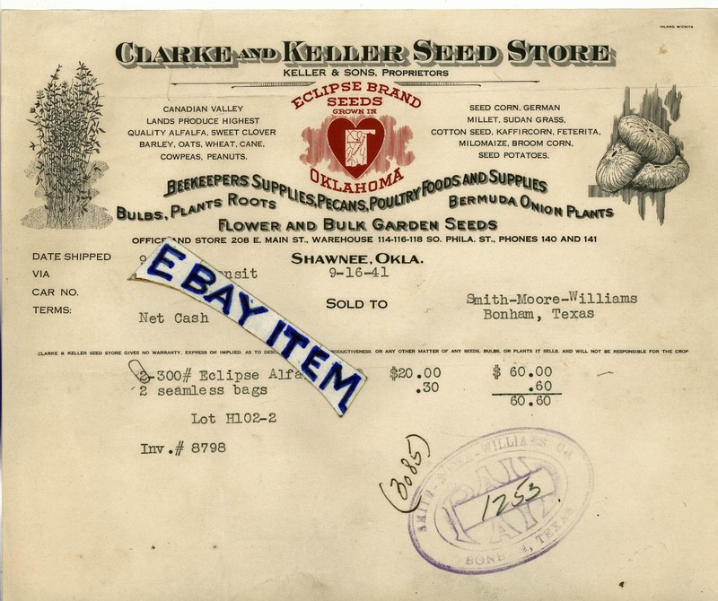 1941 BiLLHEAD Shawnee Oklahoma CLARKE & KELLER & SONS SEED STORE Eclipse Brand