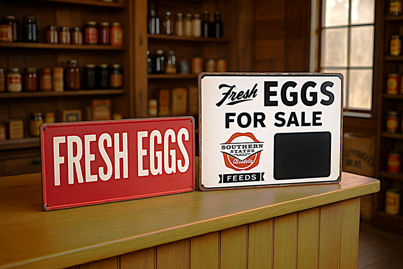 (2) Embossed Metal FRESH EGGS Country Store Farmers market Signs gallery