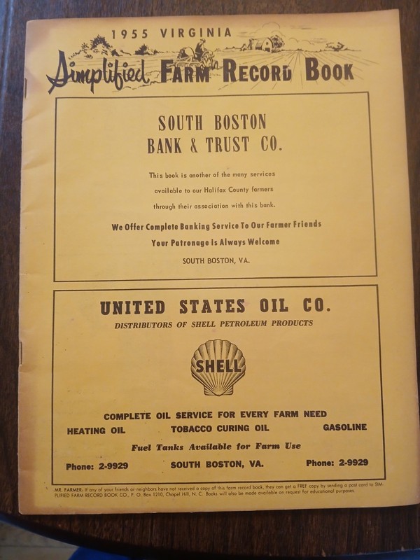 South Boston Va 1955 & 1954 Simpilified Farm Record Books W/ Shell + Advertising