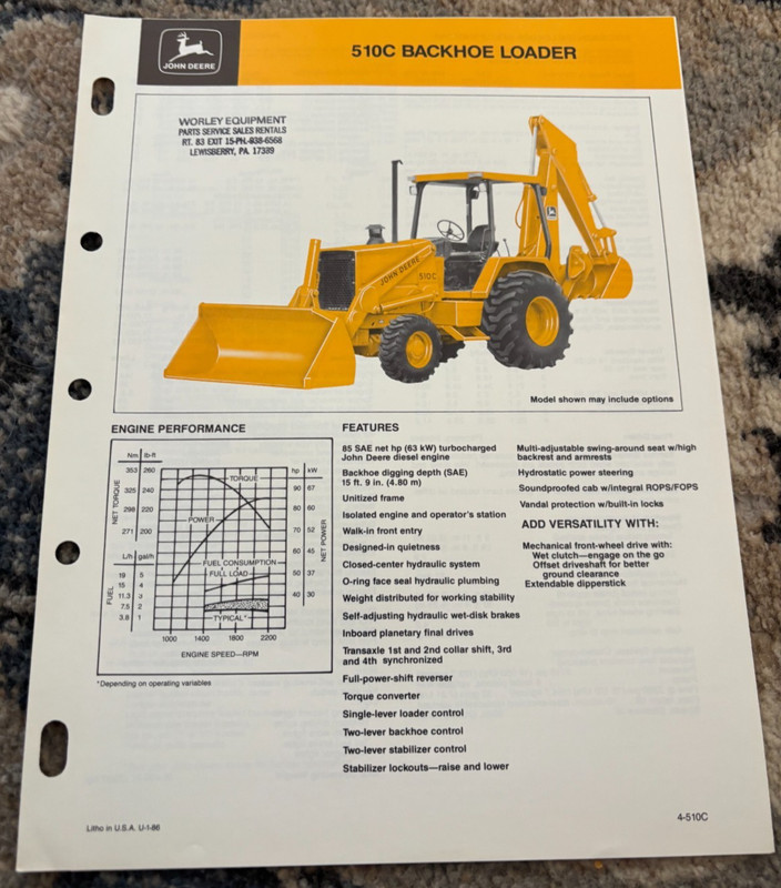 John Deere 510C Backhoe Loader For 1986 Brochure CWPA26