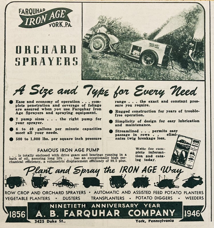 1946 AD.(XF14)~A.B. FARQUHAR CO. YORK, PA. IRON AGE ORCHARD SPRAYERS