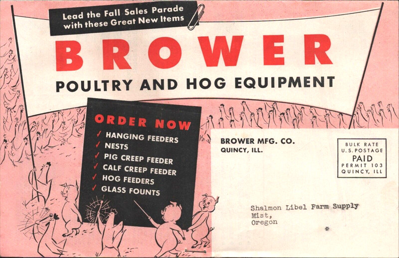 1957 BROWER POULTRY AND HOG EQUIPMENT vintage farming catalog QUINCY, ILLINOIS