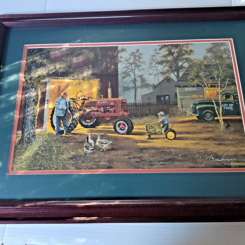 VTG 1990s T Barnhouse Lazy Day Farms Framed Print John Deere Signed