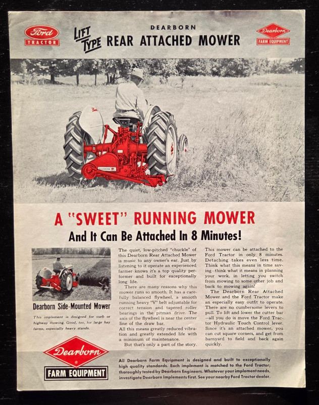 1950 FORD TRACTOR DEARBORN FARM EQUIPMENT LIFT TYPE REAR MOWER SALES SPEC SHEET