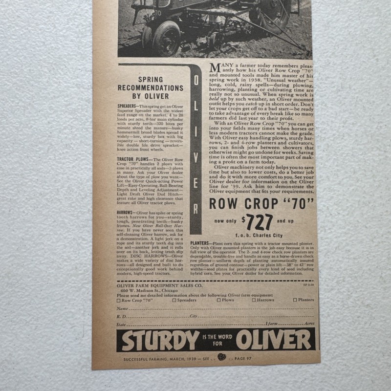 Oliver Farm Equip Co. Machinery Successful Farming March 1939 Advertisement gallery
