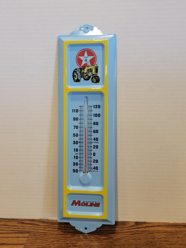 Super 4 Farm Tractor ~ Minneapolis Moline ~ Embossed Tin Advertising Thermometer