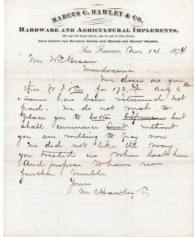1874 Letterhead & Letter Marcus Hawley Agricultural Implements San Francisco