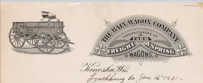 1921 Bain Wagon Co Kenosha WI Freight Farm Spring Wagons Letterhead BH2-2