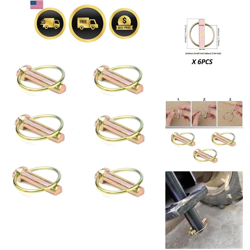 6 PCS 7/16 Assortment Kit Linch Pin with Ring Heavy Duty for Farm Tractors Tr...