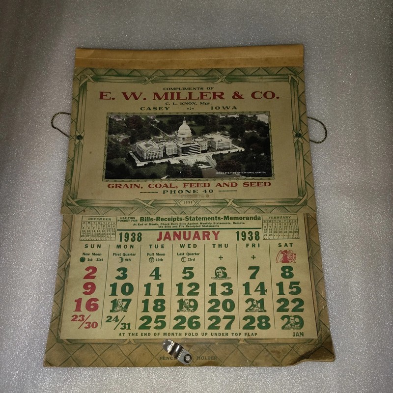 1938 E. W. Miller & Co. Casey Iowa Grain Coal Feed Seed Agricultural Calendar Ad gallery