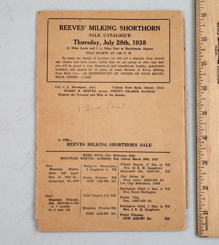 1938 Reeves Milking Shorthorn Sale Auction Catalog Pretty Prairie Kansas