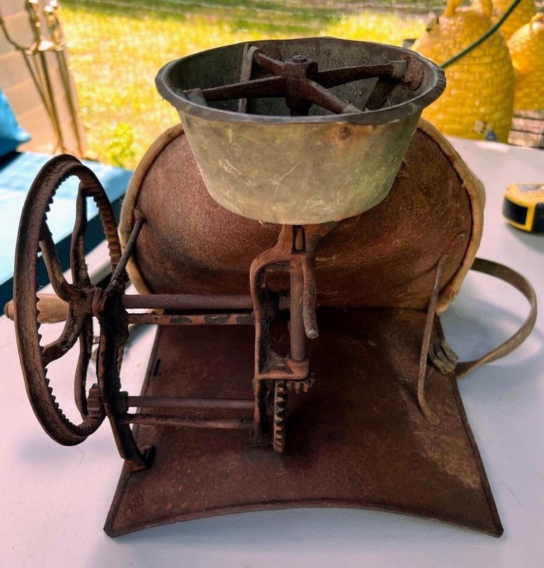 Antique Hand Crank Seed Broadcaster / Grain Seeder with Canvas Bag