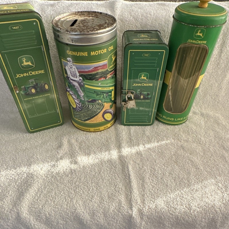 John Deere Collectible Advertising Tins Bank Tin Genuine Motor Oil Tin Lot