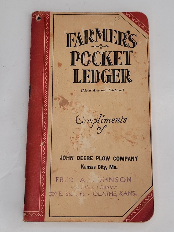 1938-39 John Deere Farmers Pocket Ledger Fred A Johnson Olathe KS Kansas City MO