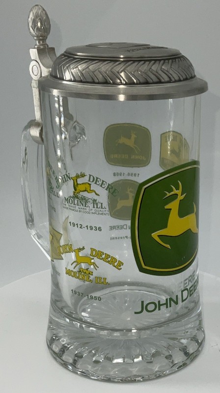 John Deere Glass Beer Stein w/ Pewter Lid Historical Logos Tractor Collectible gallery