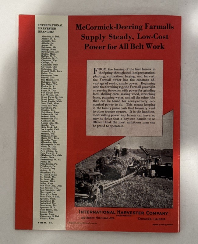 Farmall Farming Tractors And Equipment Farmall 20-30-12- IH Booklet A-133-BB gallery