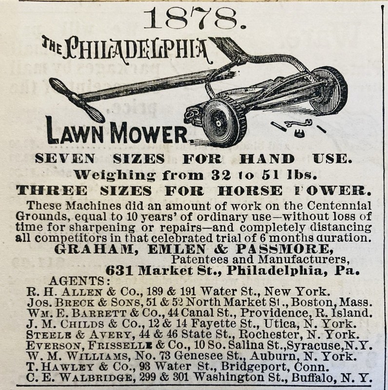 1878 AD.(XH87)~GRAHAM, EMLEN & PASSMORE, PHIL., PA. THE PHILADELPHIA LAWN MOWER