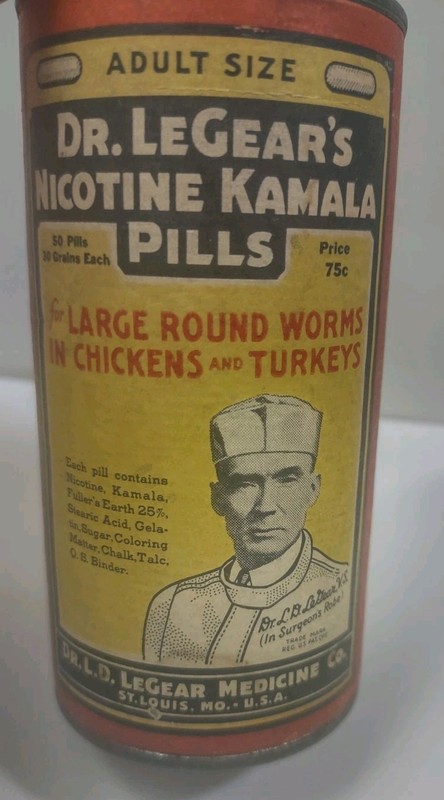 Vintage Dr LeGear's Nicotine Kamala Pills Paper Label Poultry Advertising Can gallery