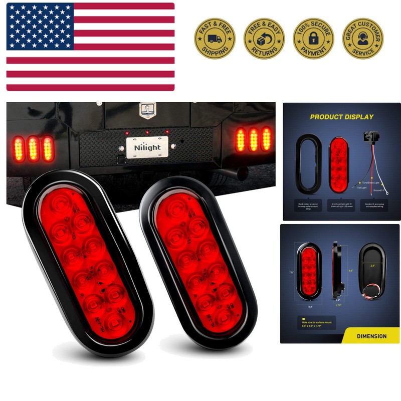 TL-01 6″ Oval Red LED Tail 2PCS w/Surface Mount Grommets Plugs Waterproof St…