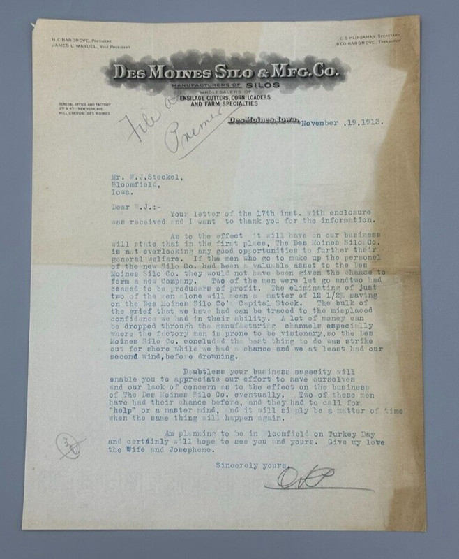 1913 DES MOINES SILO Antique FARM Advertising Letter IOWA