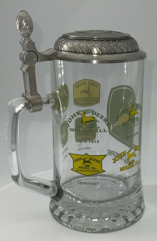 John Deere Glass Beer Stein w/ Pewter Lid Historical Logos Tractor Collectible gallery