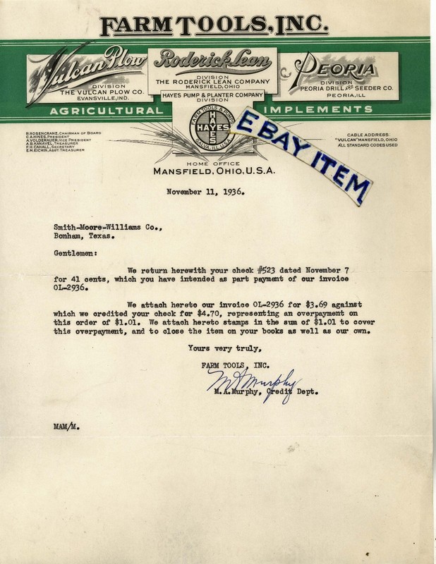1936 letterhead FARM TOOLS INC Mansfield Ohio ROSENCRANZ HINES VOLDERAUER MURPHY