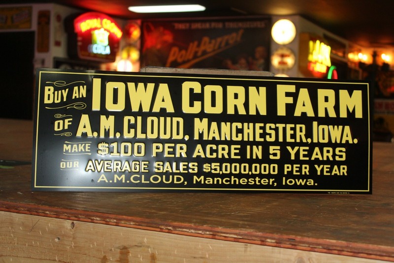 IOWA SEED CORN DEALER EMBOSSED METAL SIGN GAS OIL FARM BARN DEERE MANCHESTER IH