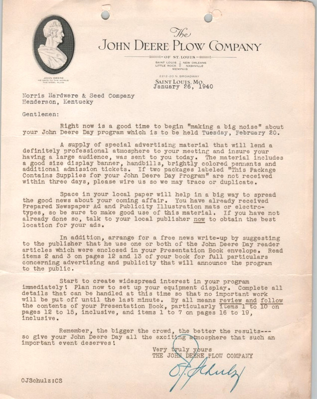 The John Deere Plow Company Letterhead To Norris Hardware 26 January 1940 Signed