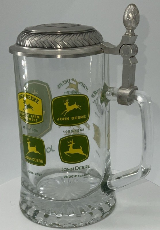 John Deere Glass Beer Stein w/ Pewter Lid Historical Logos Tractor Collectible gallery