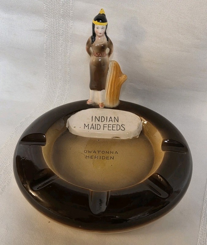 Vintage INDIAN MAID FEEDS Ceramic Ashtray-Owatonna & Meridan, Minnesota- Japan