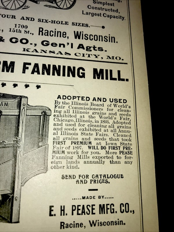 1898 Racine Corn Sheller & Pease Mill Advertising - Wisconsin & Kansas City MO gallery