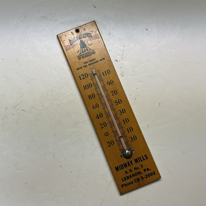 Vtg.Beacon Feeds Wood Thermometer Midway Mills Lebanon Pa.