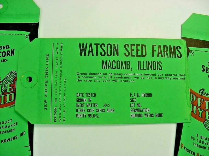 LOT OF 10 ~ UNUSED 1950s vintage PFISTER SEED CORN Old Cloth Bag Tag Sign gallery