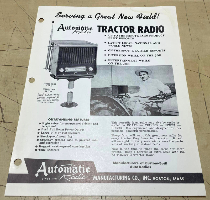 Vintage Original Automatic Radio Mfg Co TR-12 and TR-56 Tractor Radio 1-Sheet Ad