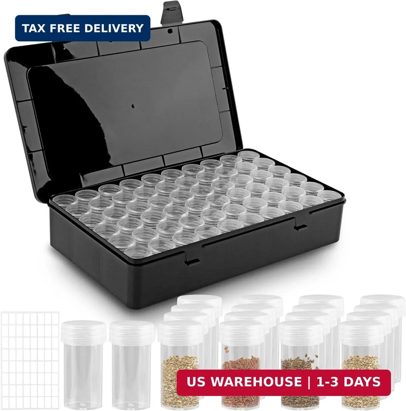 Seed Storage Box with 60 Bottles and Label Stickers, Opaque Light Proof Seed Org