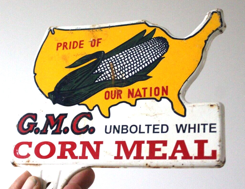 AMERICA GMC CORN MEAL FEED STAMPED PAINTED METAL TOPPER SIGN MILL COW MOO 1950s