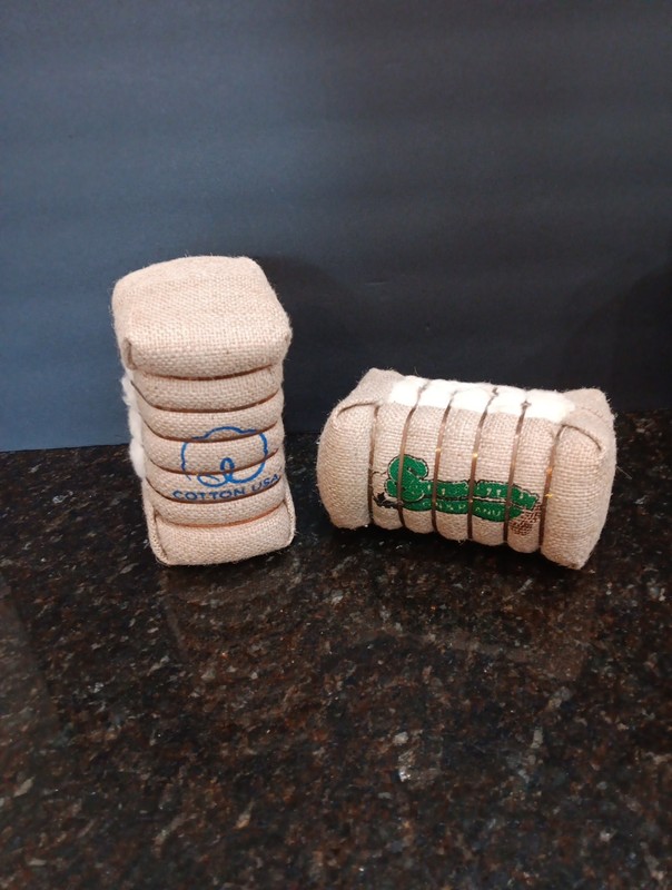 Set Of 2 Vintage Miniature Cotton Bale Souvenir Wrapped In Burlap W/Metal Bands