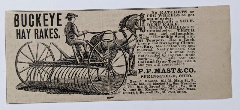 Antique 1885 Buckeye Hay Rakes Print Ad P.P. Mast & Co. Springfield Ohio Farming