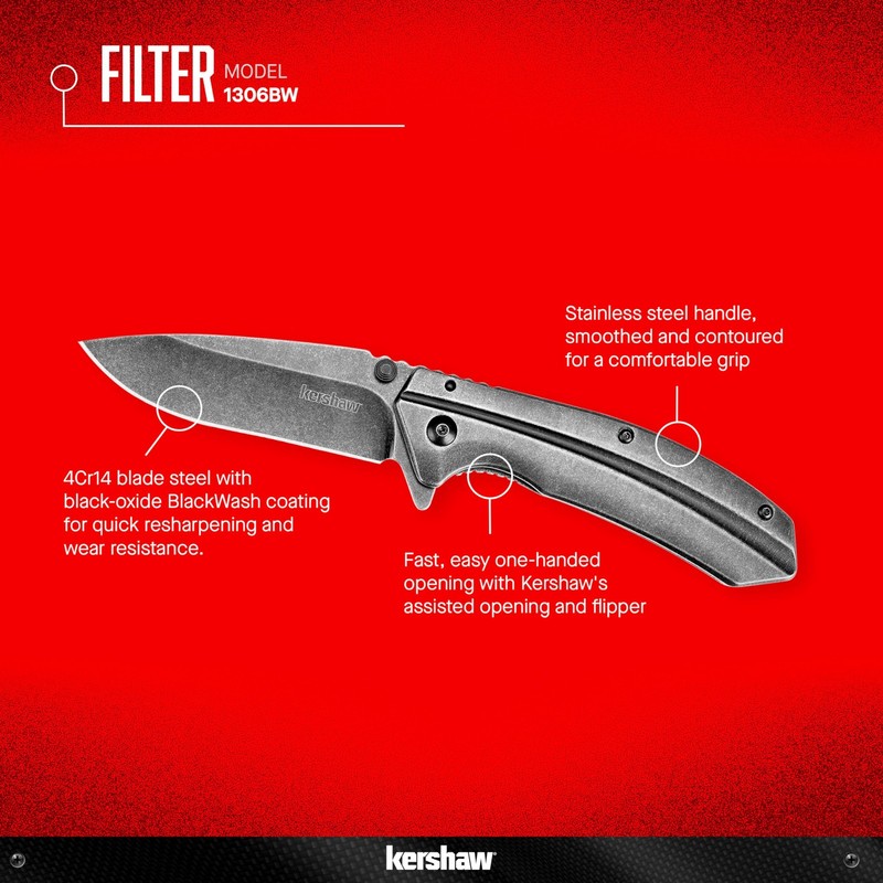 Kershaw Filter Frame Lock Knife Stainless Steel 3.25 Blackwash 1306Bw gallery