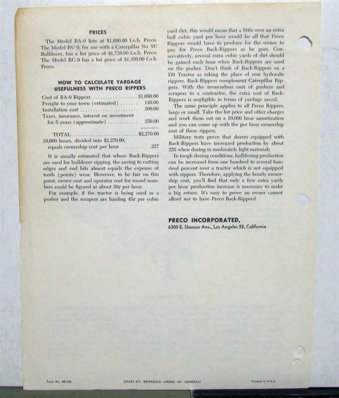1958 Preco Back Ripper D9 Tractors Construction Sales Sheet gallery