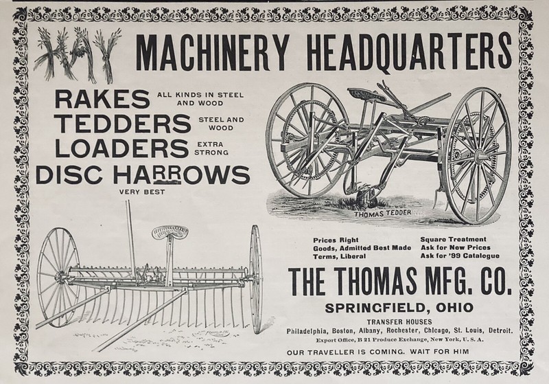1898 AD.(XH25)~THOMAS MFG. CO. SPRINGFIELD, OHIO. HAY MACHINERY, RAKES, TEDDERS
