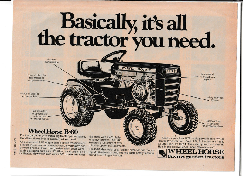 Original 1976 Wheel Horse Lawn Tractor Magazine Ad “Basically …”