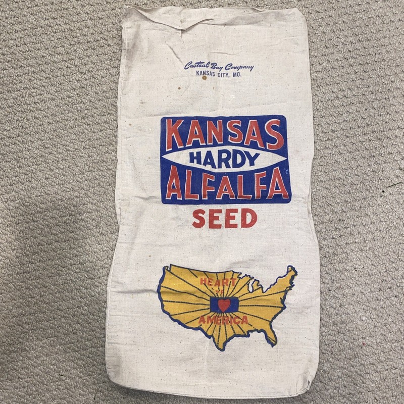 Vintage KANSAS HARDY ALFALFA SEED 60 Lbs. Fabric Sack Heart of America 33 x 15″