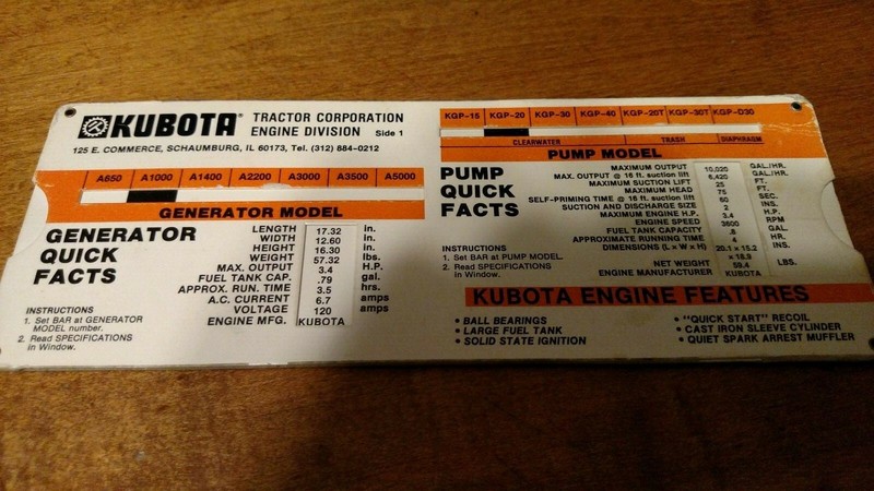 KUBOTA GENERATOR & PUMPS QUICK FACT SLIDE CHART FROM 1986 ****DEALER USE****