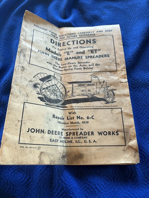Vintage 1939 John Deere Operator’s Manual No. 6-C Models E & ET Manure Spreaders